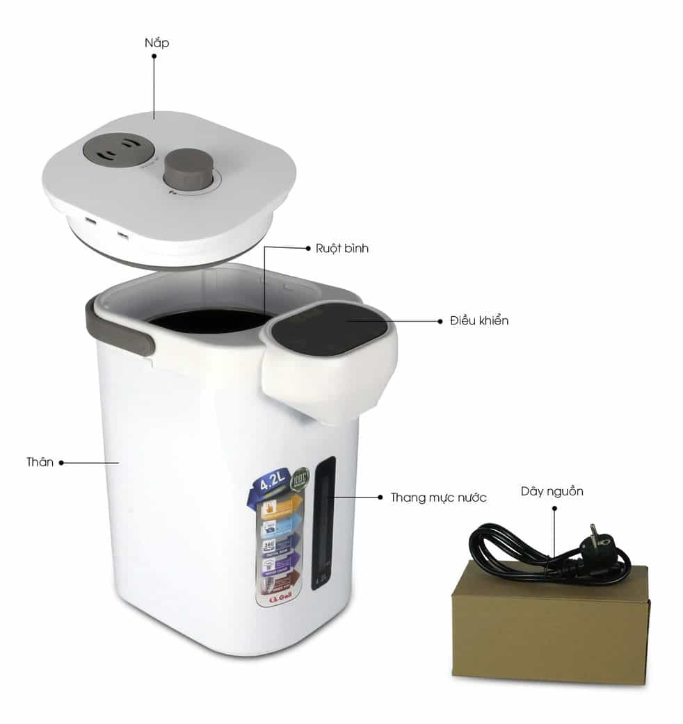 Bình Thuỷ Điện Gali GL-5042W Dung tích 4,2L nhỏ gọn, Thân bằng nhựa nguyên sinh cao cấp, lòng trong bằng Inox 304 dày chất lượng. Hàng chính hãng chất lượng cao bảo hành 24 tháng.