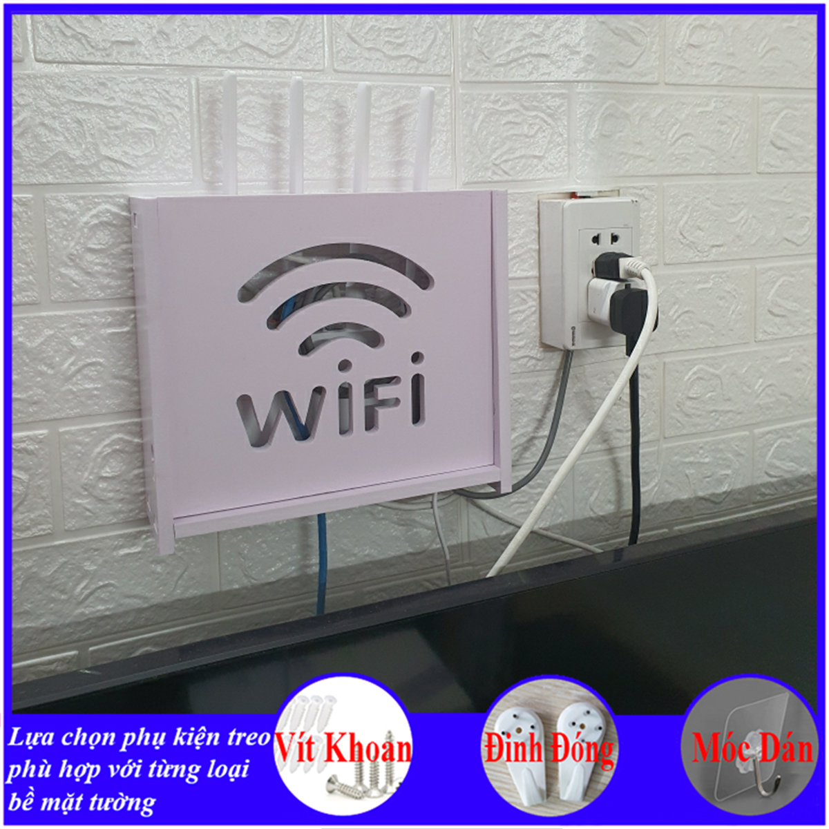 Kệ treo tường, kệ đặt modem wifi, đầu thu kỹ thuật số, remote, điện thoại, chất liệu gỗ Pitech cao cấp màu trắng - B011