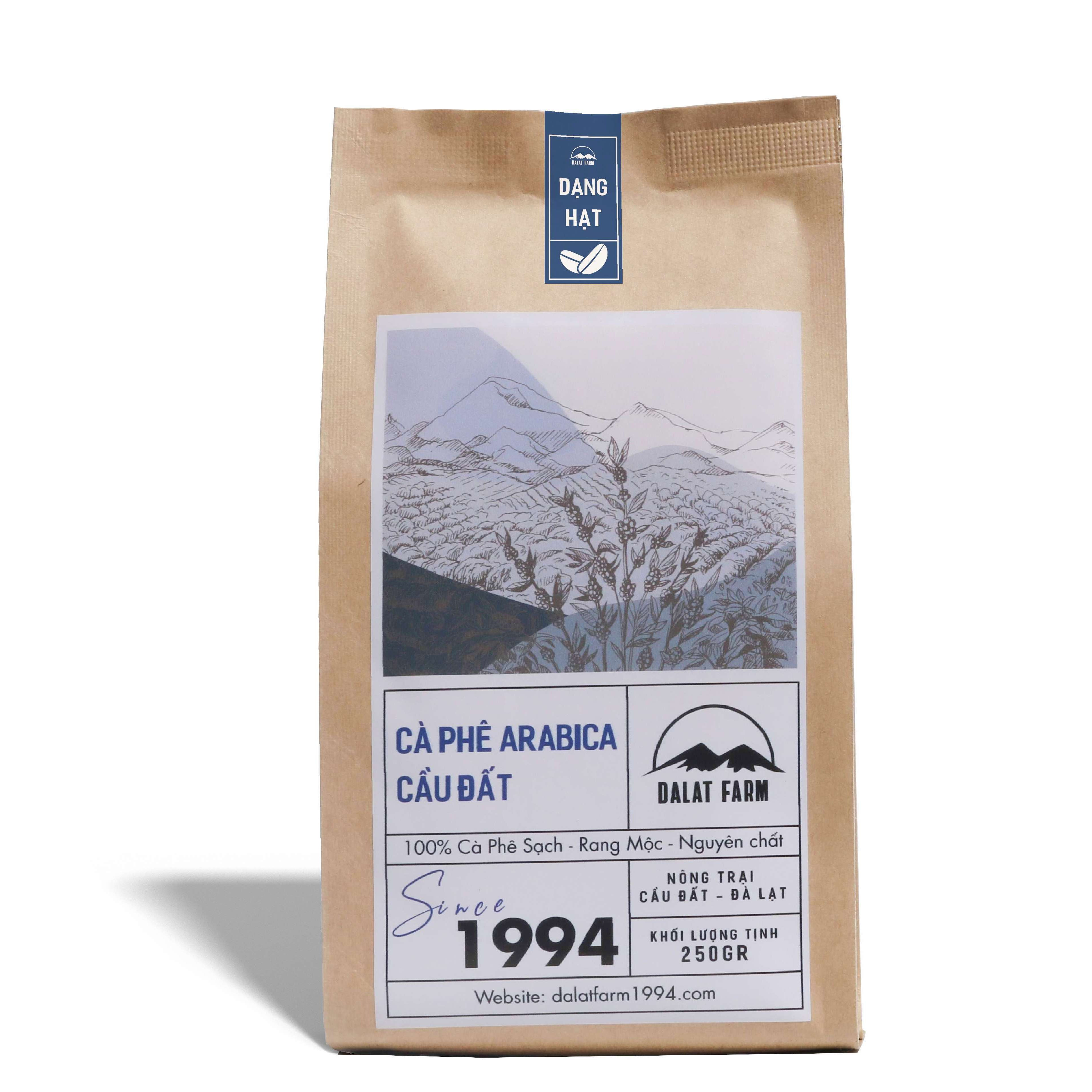 Cà phê hạt Arabica Cầu Đất rang xay mộc nguyên chất - Túi 250Gr (Dạng Hạt)