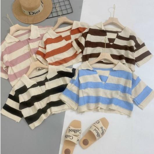 Áo croptop cổ bẻ khoét Quảng Châu kẻ sọc