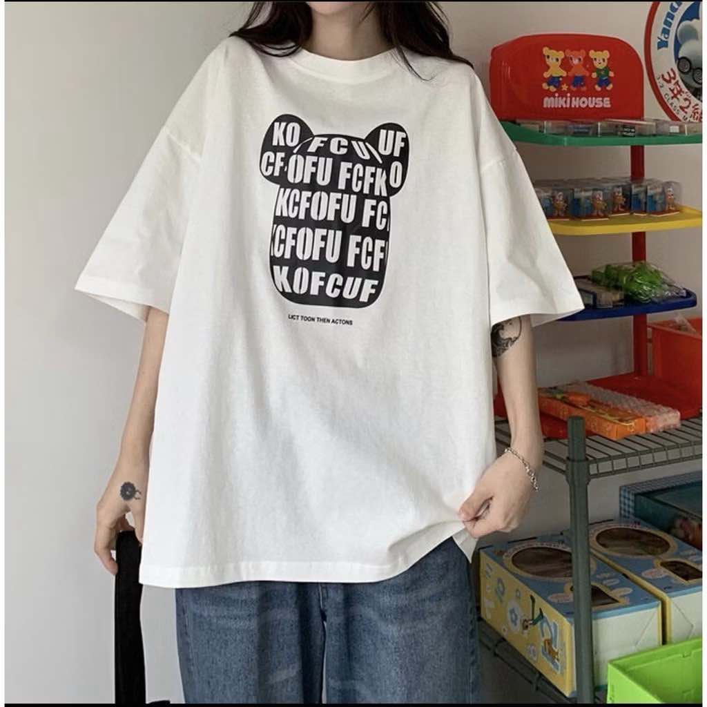 Áo pull/ Áo phông trắng nữ dáng dài hình gấu