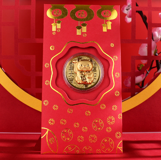 Bao lì xì hình con Mèo mạ vàng, Bao lì xì Thần Tài quà tặng phong thủy, Tết Quý Mão-GD617-LiXi-MeoVang
