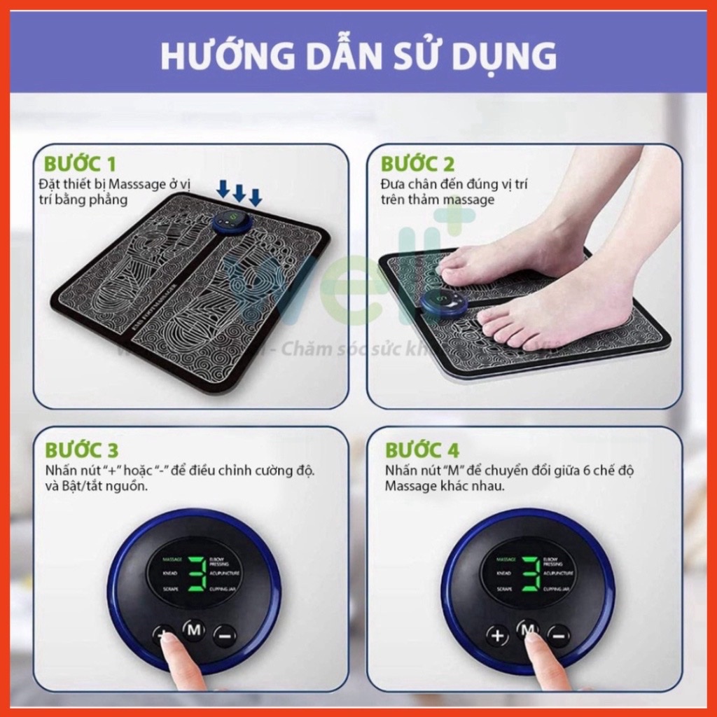 Thảm massage chân xung điện EMS kèm cáp sạc USB ,có đèn Led hiển thị với các chế độ khác nhau giúp thư giãn thoải mái cho bàn chân và chân cải thiện lưu thông máu và giảm cứng cơ phù hợp với người lao động , lớn tuổi , tập thể thao , nhỏ gọn dễ mang theo 