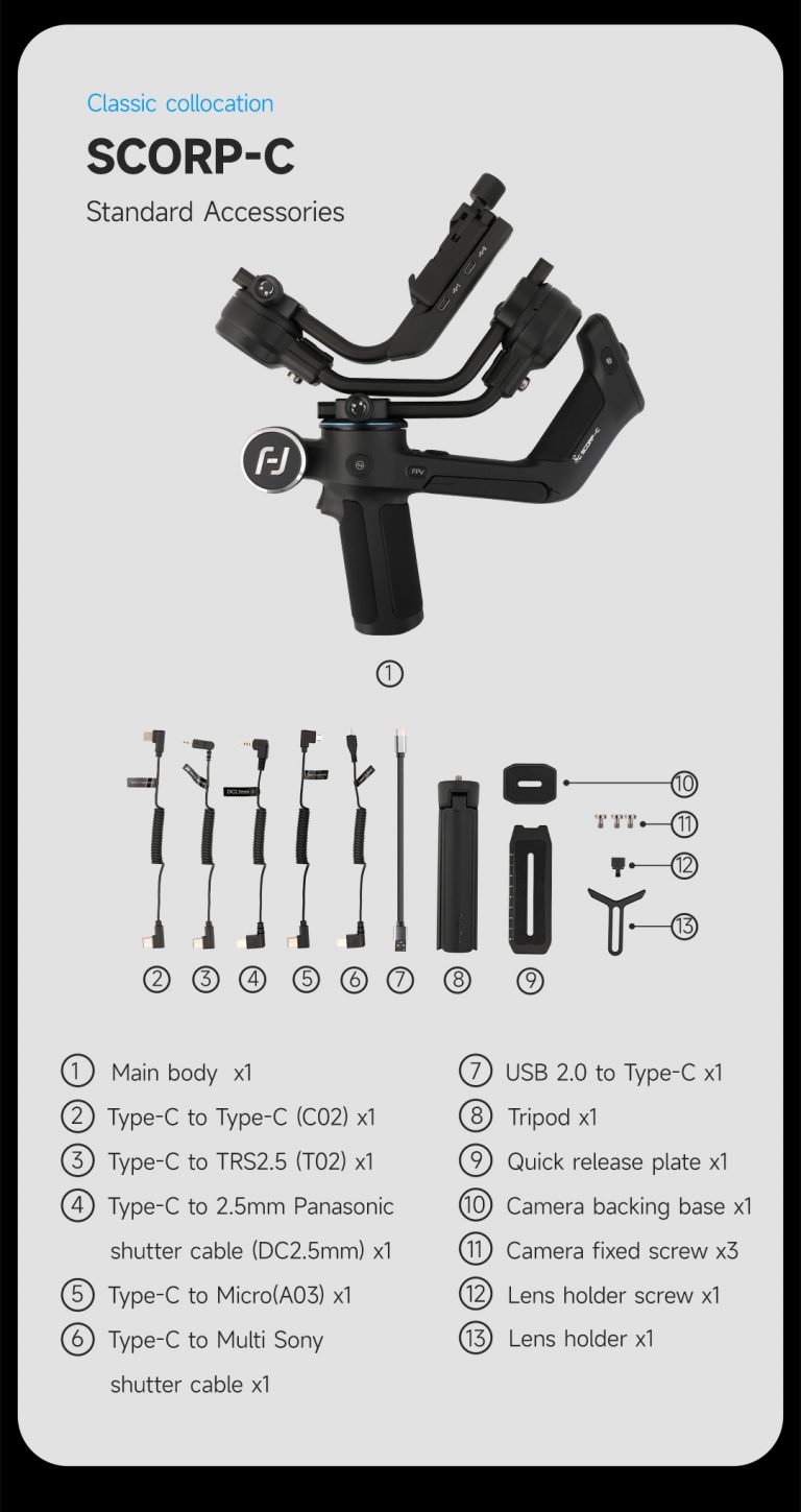 Gimbal Chống Rung Feiyu Scorp C Cho Máy Ảnh DSLR và Mirrorless - Hàng Chính Hãng