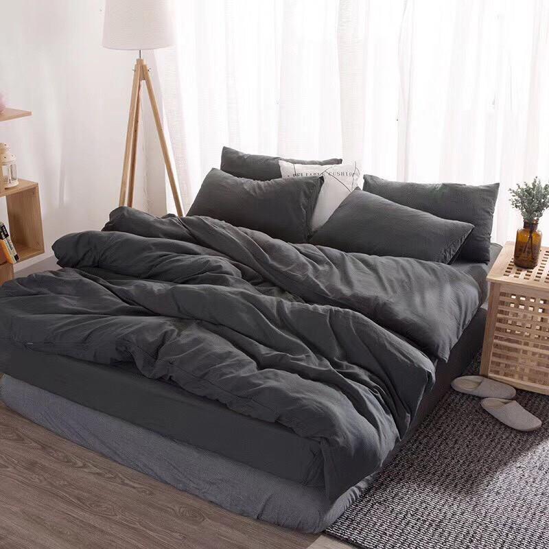 Trọn Bộ Chăn Ga Gối Cotton Đũi Siêu Thoáng Mát Màu XÁM ĐEN