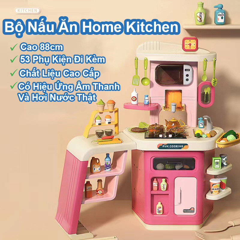 Đồ Chơi Nấu Ăn Cho Bé Gái Cỡ Lớn Home Kitchen Cao 88cm,Hiệu Ứng Âm Thanh Ánh Sáng,Hơi Nước Với 53 Phụ Kiện Đi Kèm