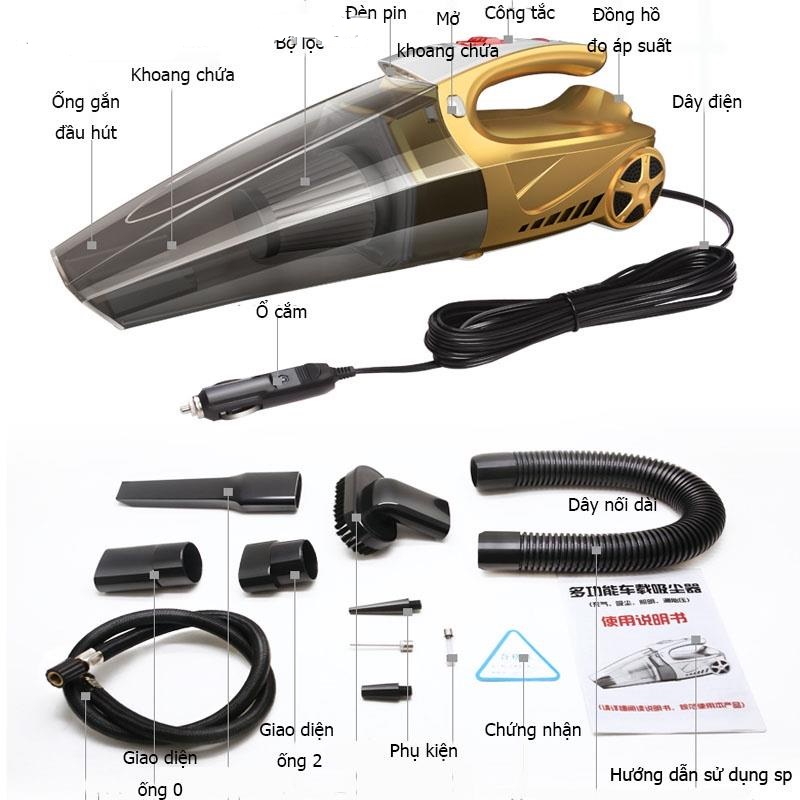 Máy Hút Bụi Cho Xe Hơi 4 Trong 1 120W Có Đo Áp Suất Nguồn 12V Cực Mạnh