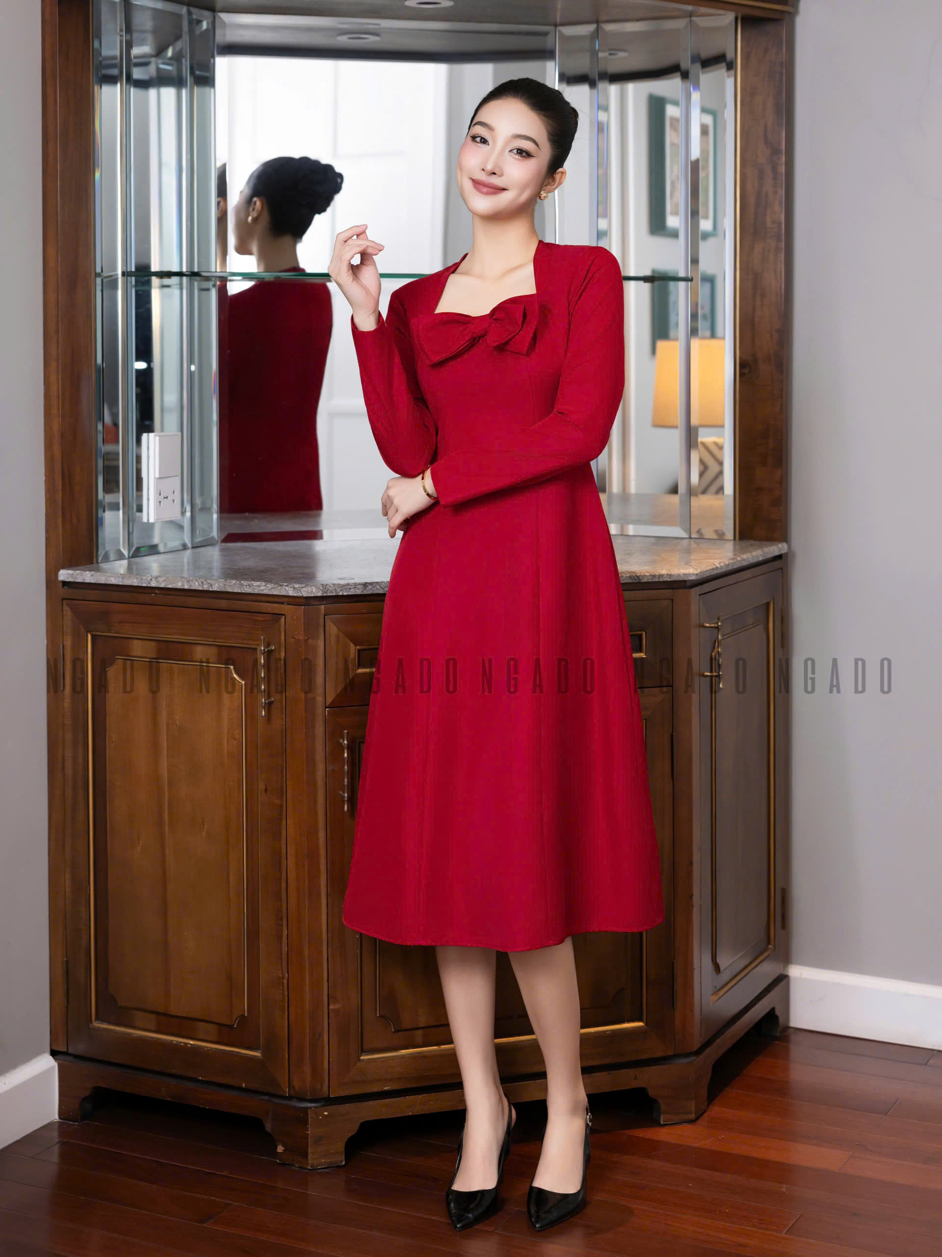 Đầm đỏ tay dài nơ ngực NGADO , đầm tay dài , đầm nơ , đầm nữ , đầm dự tiệc , công sở