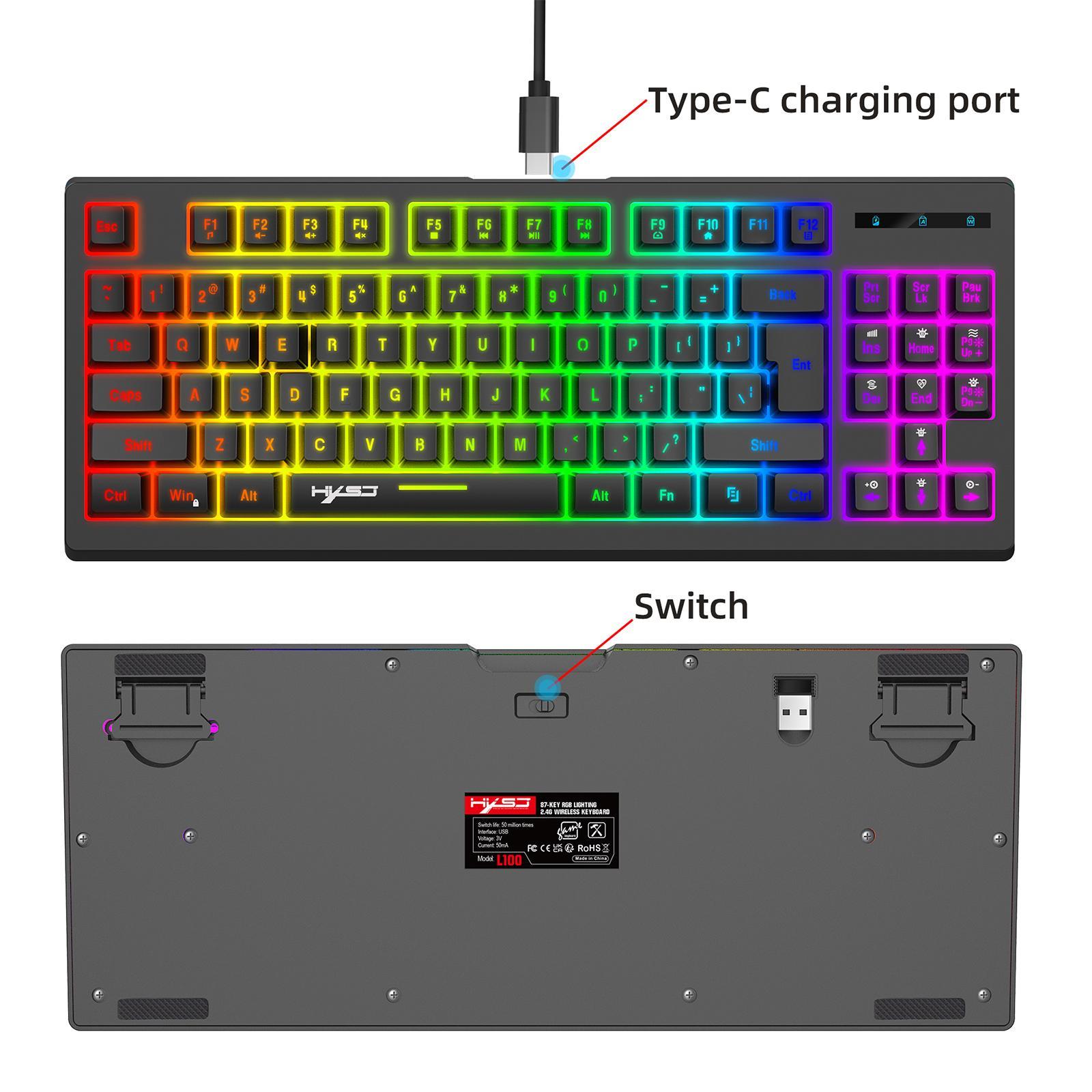 87Keys 2.4G Wireless Mechanical Keyboard, RGB Backlight USB2.0 Receiver Indicator Light L100 Gaming Keyboard, for Office Notebook Home Study