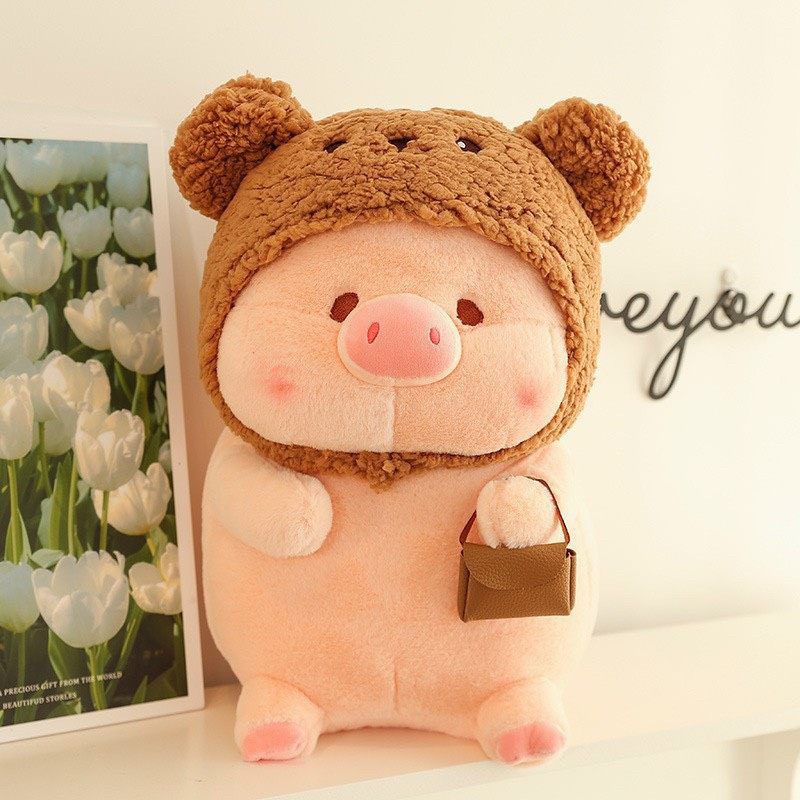 Gấu bông heo LULU mũ len nhiều màu sắc, có túi xách dễ thương, đủ size, siêu mềm mịn
