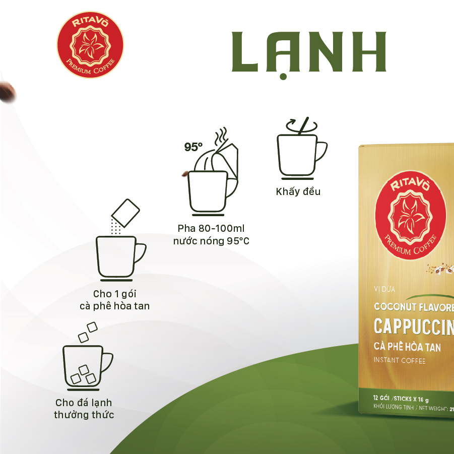 Cà phê hoà tan Rita Võ Cafe Cappuccino coconut [Hộp 216g x 12 gói]