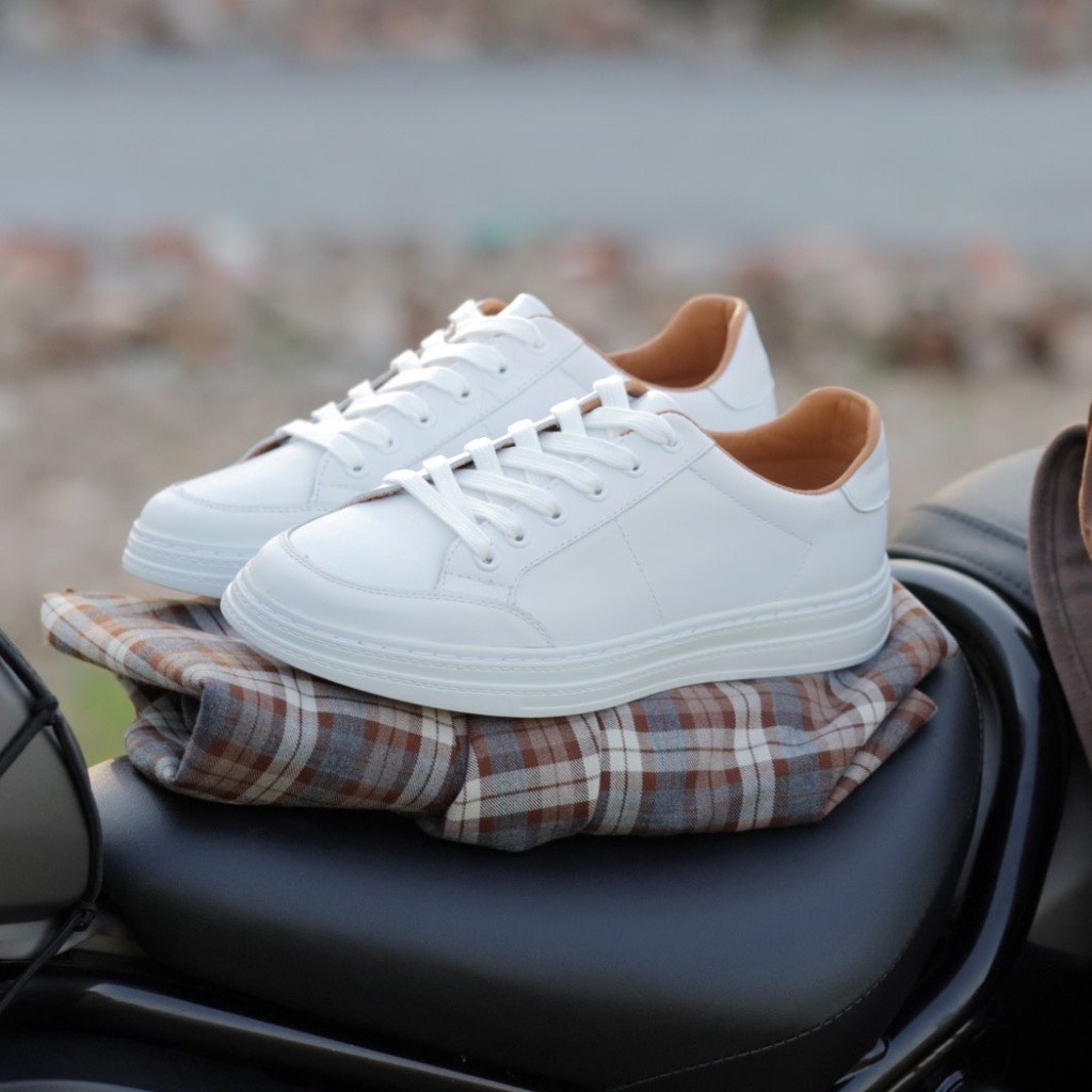 Giày Thể Thao White Sneaker da bò thật, đế khâu cao 3,5cm, dễ phối đồ - BH 1 năm