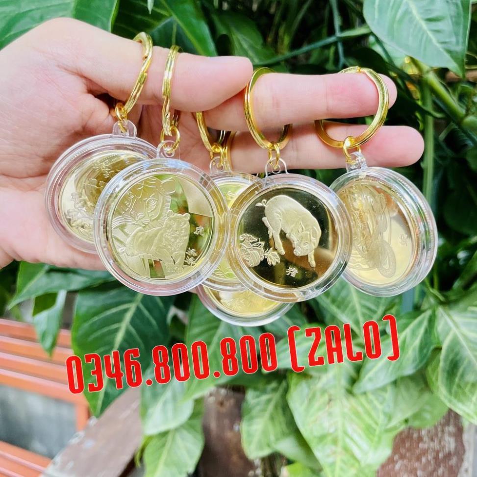 Móc Khóa Đồng Xu Khắc Hình 12 Con Giáp Phong Thủy May Mắn, Chất Liệu Niken Mạ Vàng Sáng Bóng