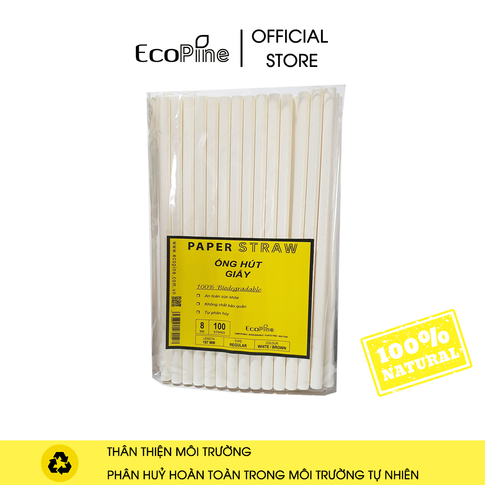 Bịch 100 ống hút giấy phi 8mm trắng ECOPINE