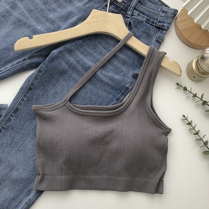 Áo hai dây quai chéo dáng croptop có đệm ngực, bra gân tăm hot hit có mood ngực thời trang