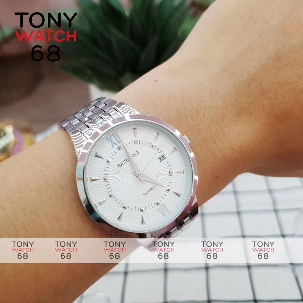 Đồng hồ cặp đôi nam nữ Baishuns mặt tròn trắng dây kim loại bạch kim chính hãng Tony Watch 68