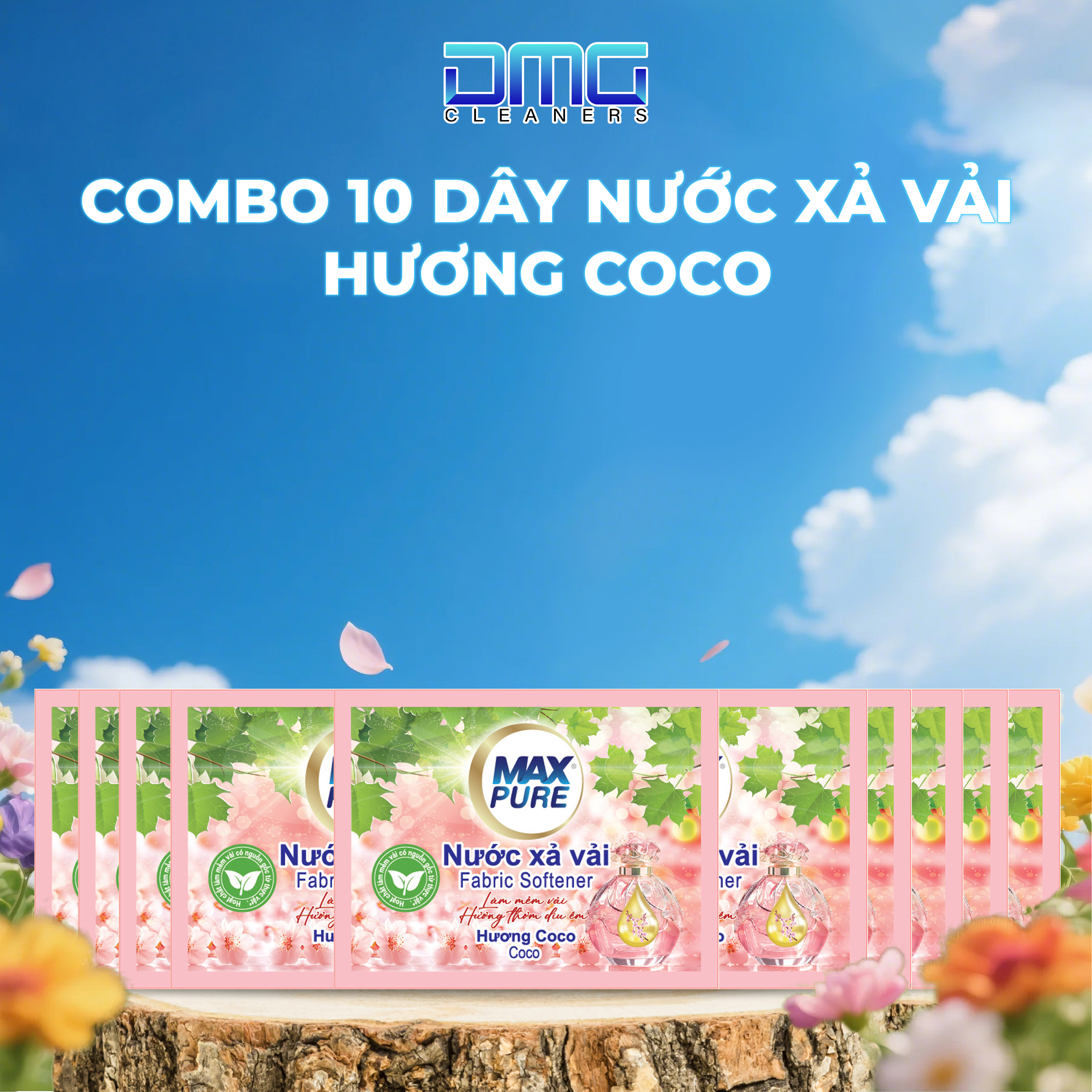 Combo 10 Dây Nước Xả Vải Maxpure Hương Coco  + Hương Thư Thái (5 Dây Coco + 5 Dây Thư Thái ) 100 Gói x 20ML - Tiện Lợi Thơm Mát 7 Ngày