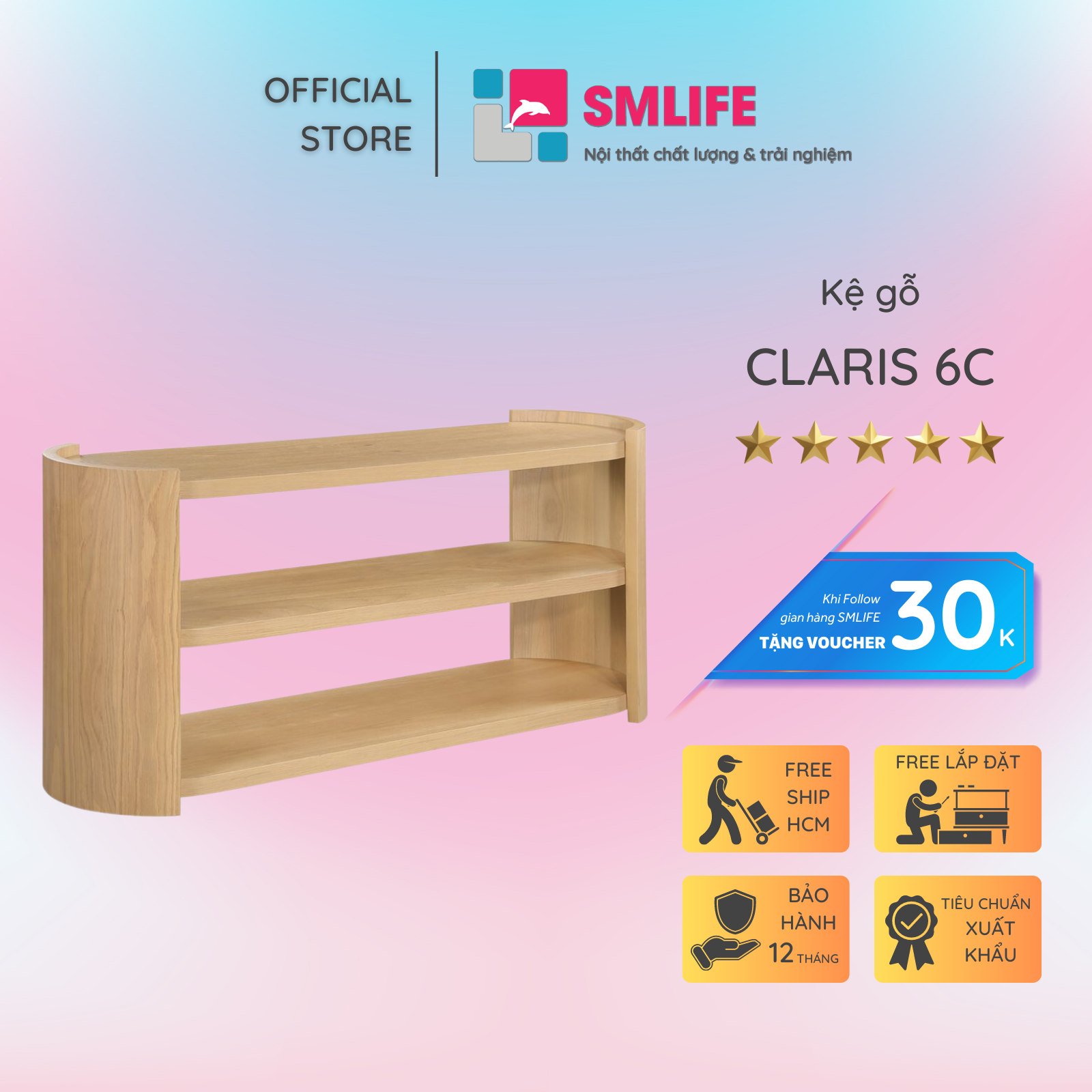 Hình ảnh Kệ gỗ 3 tầng trang trí hiện đại SMLIFE Claris 6C | D165,1 x R48,3 x C77,5cm | gỗ Cao Su và Veneer Sồi