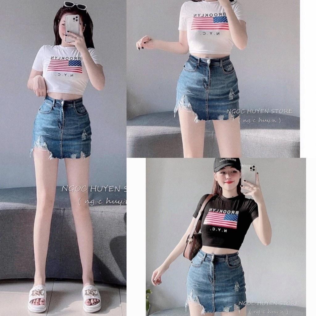 Chân Váy Jean Nữ Co Giãn Lưng Cao Có Lót Quần