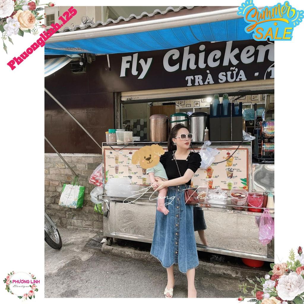 CHÂN VÁY JEANS XANH DÀI PHỐI KHUY