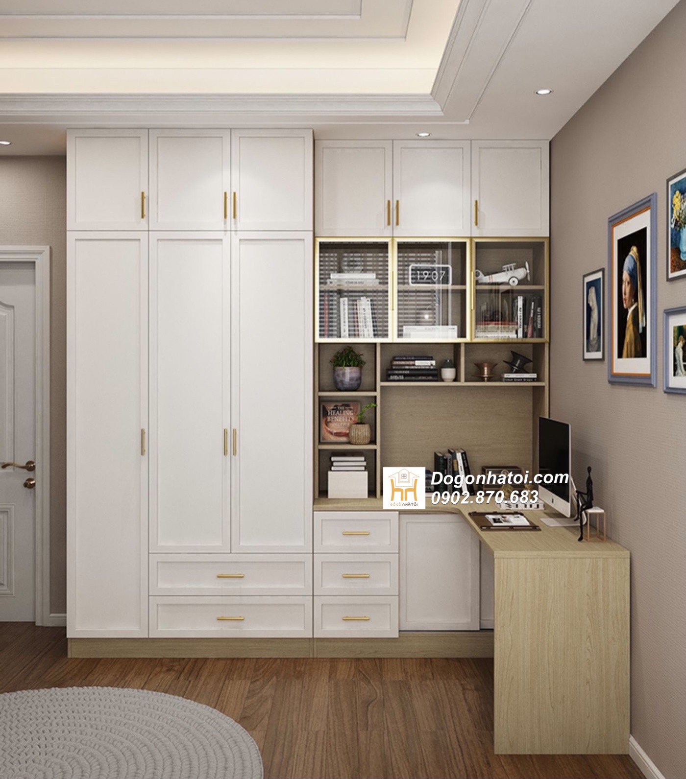 Bàn làm việc kết hợp tủ quần áo phong cách tân cổ điển 2m4 x 2m4 - TA214