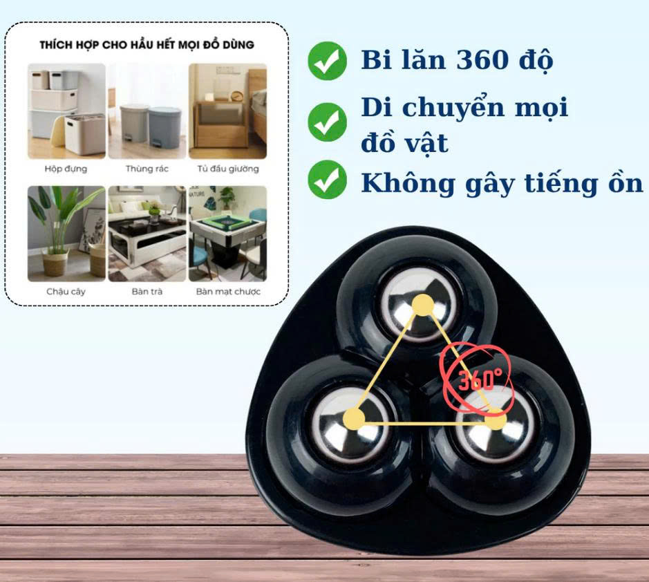 COMBO 4 Bánh Xe Mini Bi Thép Gắn Tủ Kệ Nội Thất Dán Đáy Thùng Rác Hộp Để Đồ Keo Siêu Dính Di Chuyển Đồ Đạc Êm Ái Mượt Mà - THÙNG RÁC