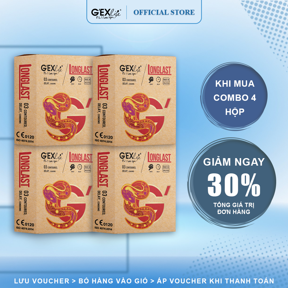 Combo 4 hộp Bao cao su GEXlife Longlast ôm khít, kéo dài thời gian (3 cái/hộp)