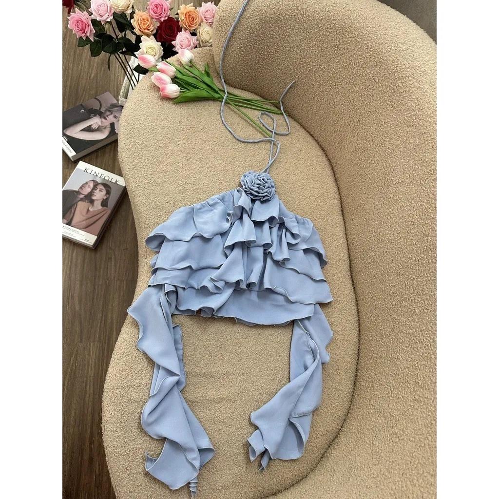 Áo nữ kiểu yếm croptop đính hoa tầng tà dài dây vai chéo cực sang cho cô nàng xinh đẹp