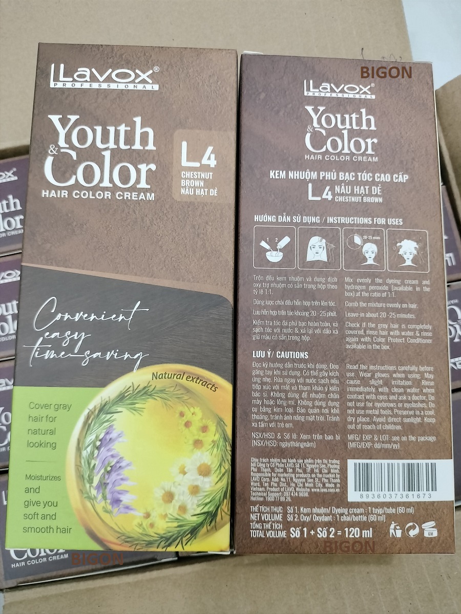 Nâu Hạt Dẻ #L4 Kem Nhuộm Dưỡng Tóc Phủ Bạc Lavox Youth&Color L4