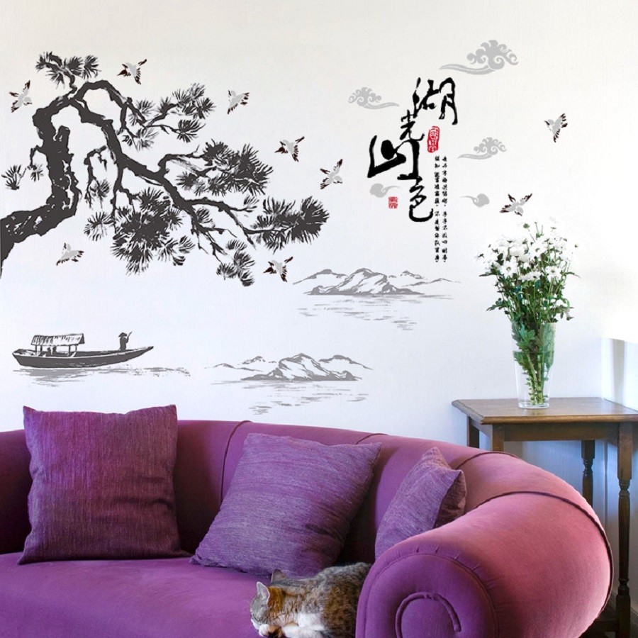 Decal dán tường phòng khách phong cảnh combo THỦY MẶC NON NƯỚC HỮU TÌNH sang trọng