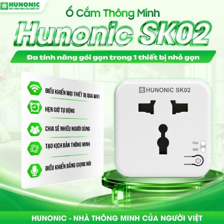 Ổ Cắm Wifi Thông Minh Hunonic SK02 - 220V - 16A - 3000W - Hàng chính Hãng - Bảo Hành 1 Năm
