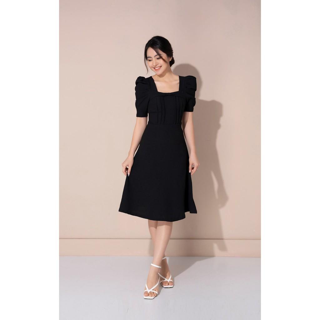 Váy tay bồng cổ vuông chi tiết gân nổi dáng xòe công sở hiện đại thiết kế TKFASHION DK897
