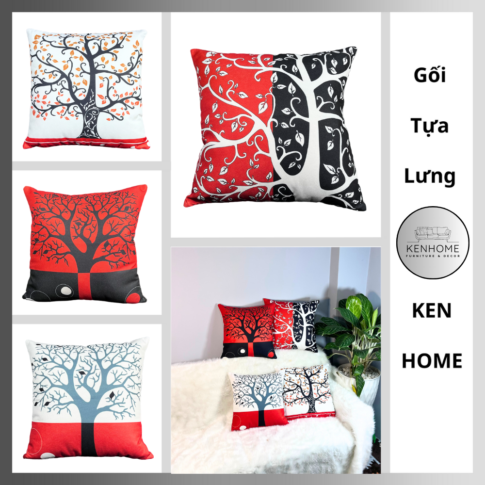 Gối Sofa Họa Tiết Cây Phát Tài - Gối Tựa Lưng Sofa Đỏ Đen Decor Phòng Khách, Khách Sạn - Vải Bố Cao Cấp - Kích Thước 45x45cm