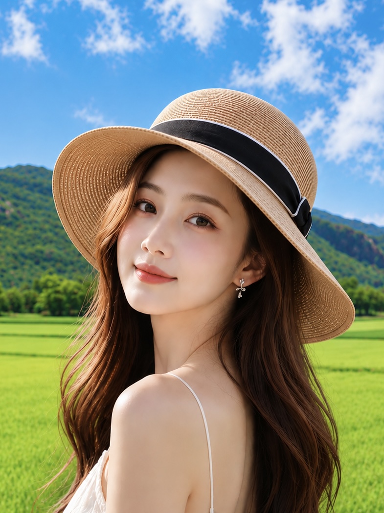 Mũ cói đi biển nữ nón rông Vành đai đen phối trắng thời trang Hàn Quốc dona260626
