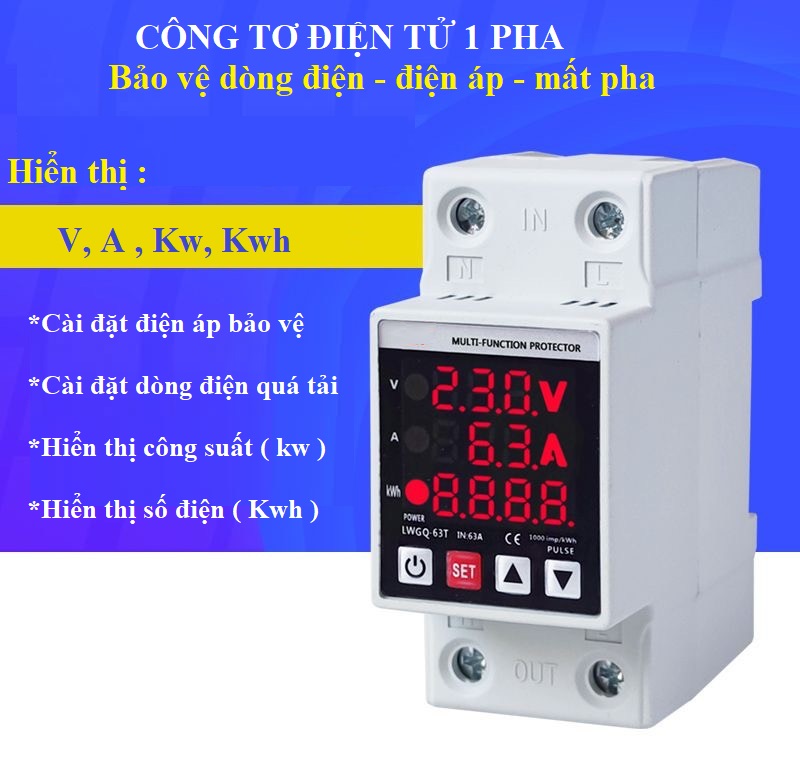 Công tơ điện tử đa chức năng bảo vệ điện áp- chống quá tải- bảo vệ mất pha trung tính