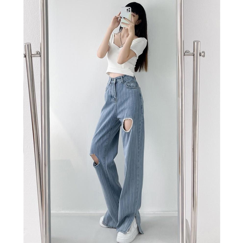 【Cocory】Women Korean Retro High waist Fork Loose Casual Straight Thin All Match Hole Jeans