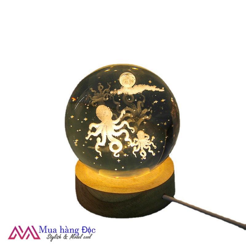 Bộ Quà Tặng Quả cầu pha lê khắc 3d bạch tuộc biển 6cm