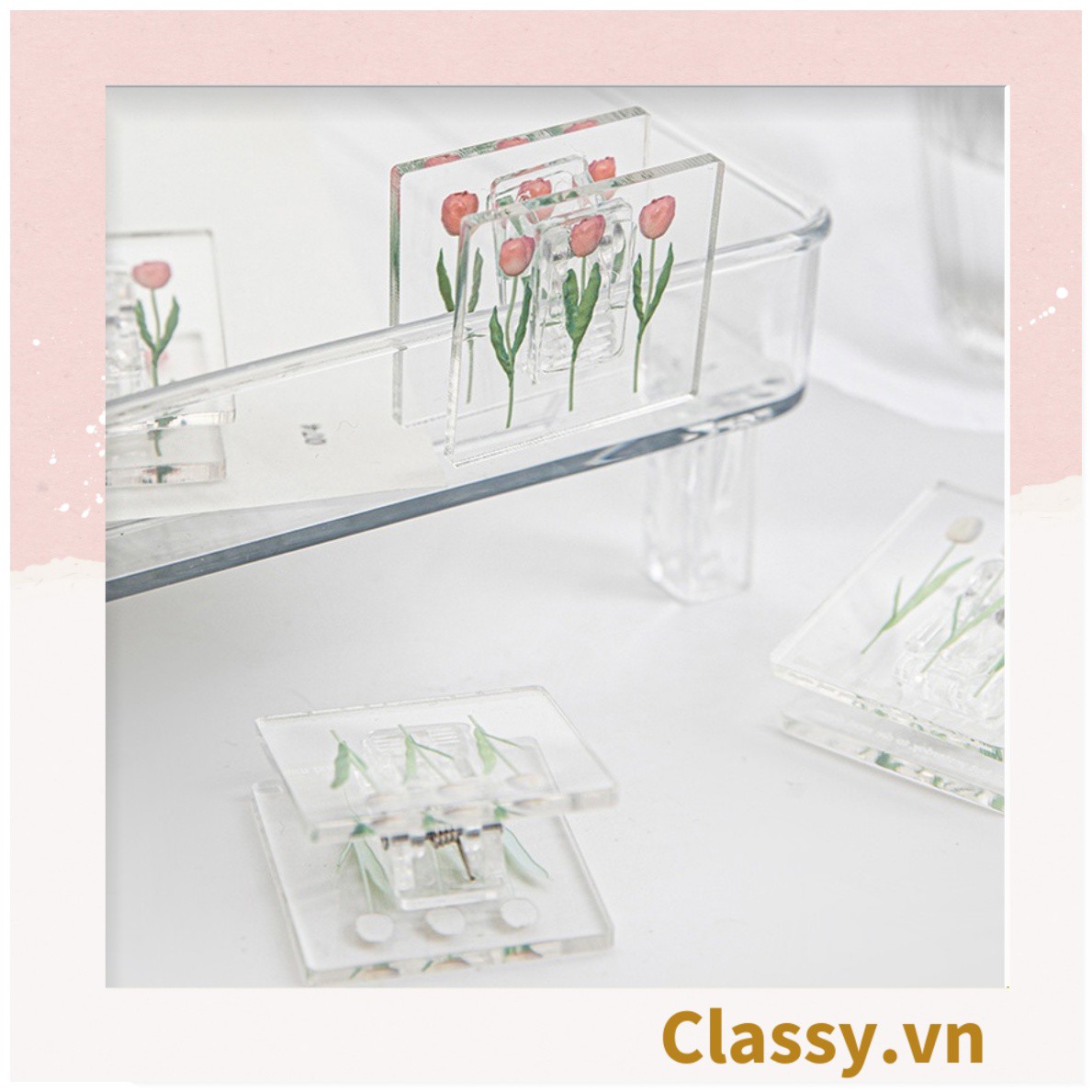 Kẹp giấy nhựa Acrylic trong suốt hoa tulips sử dụng kẹp dấu trang, kẹp giấy ,văn phòng phẩm sáng tạo tiện lợi PK937