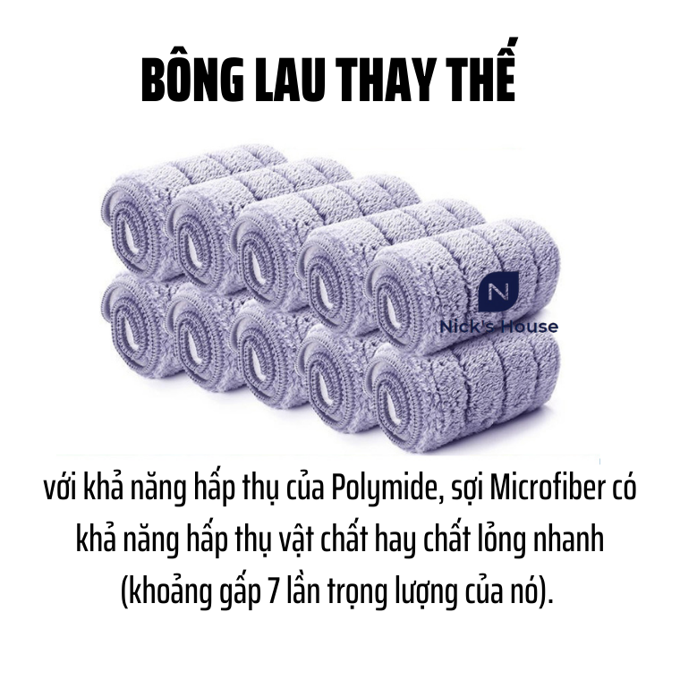 Miếng Giẻ Lau Nhà Vải Microfiber Cao Cấp - Bông Lau Thay Thế Cây Lau Nhà Thông Minh Tự Vắt Tiện Lợi - Giẻ Lau Nhà Kích Thước 33x12cm Hình Chữ Nhật Cao Cấp