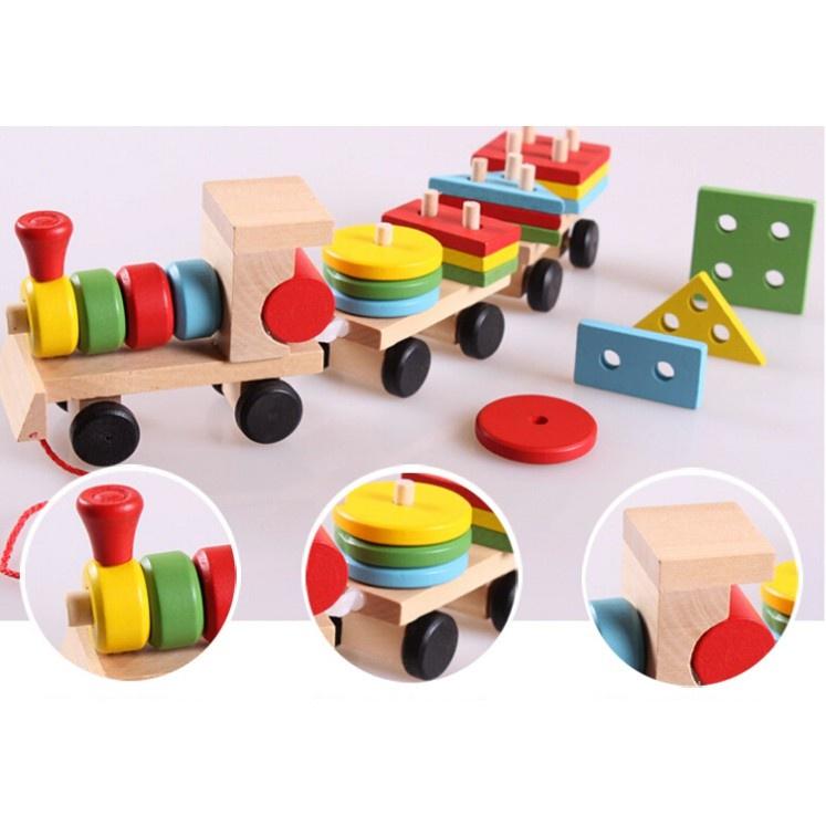 Đồ chơi tàu kéo khối gỗ, xe chở khối thả hình trụ cho bé