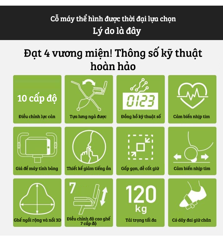 Xe đạp thể thao tại nhà gấp gọn 10 cấp độ kháng lực cảm biến nhịp tim hoạt động êm ái tải trọng 120kg