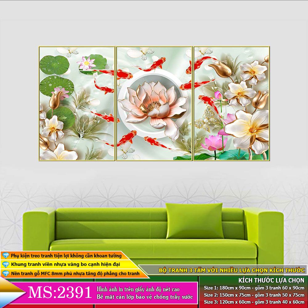 Bộ tranh treo tường 3 tấm- cửu ngư quần hội - Cá chép hoa sen:  2391L10