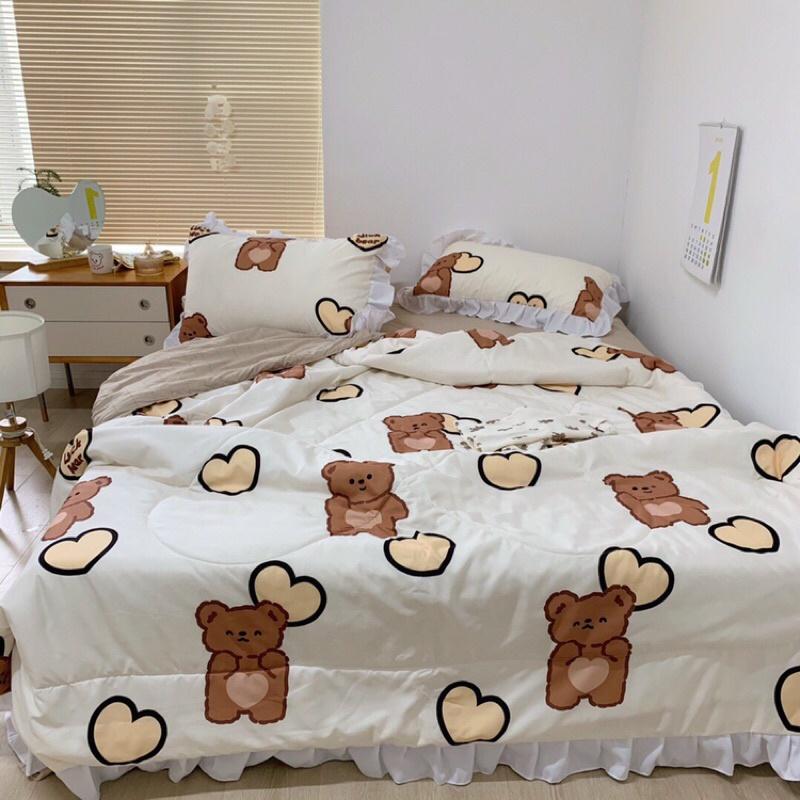 Bộ Chăn Ga Gối Cotton Đũi Bèo Chăn Chần Gấu Nâu