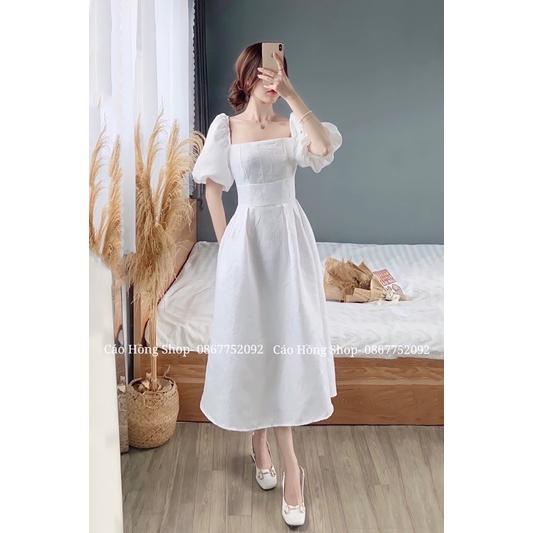 Váy trắng cổ vuông tay bồng khoét vai