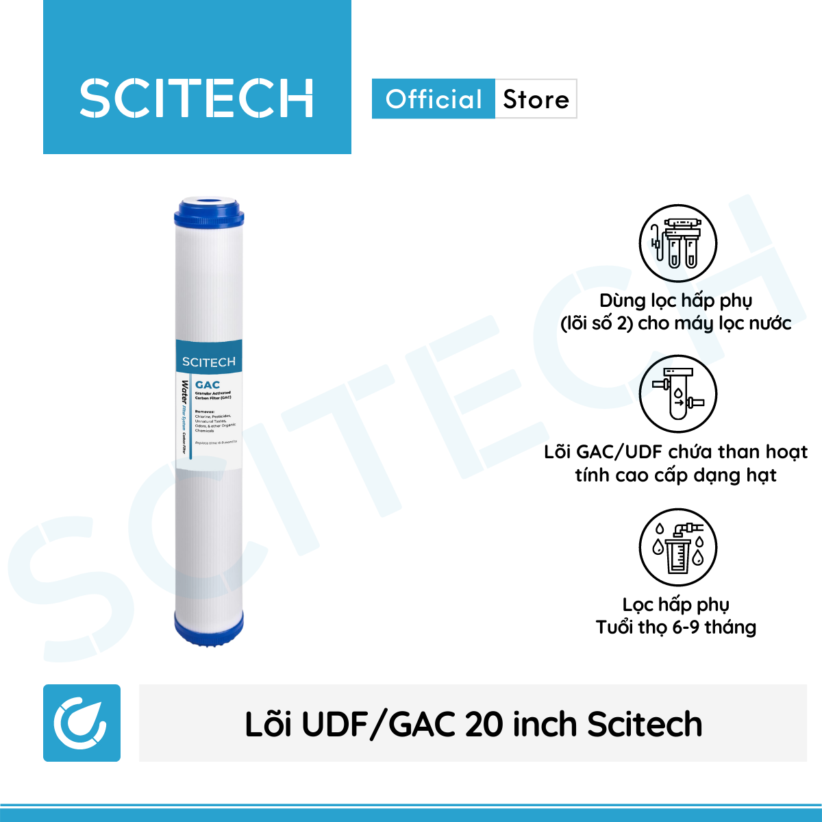 Lõi lọc nước số 2 UDF 20 inch by Scitech dùng trong máy lọc nước RO, bộ lọc thô - Hàng chính hãng