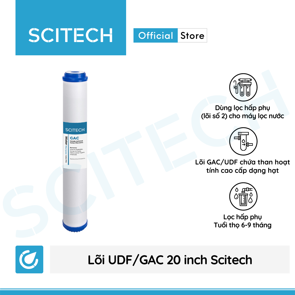 Bộ lõi lọc nước số 1,2,3 (PP-UDF-CTO) 20 inch by Scitech dùng trong máy lọc nước RO, bộ lọc thô - Hàng chính hãng
