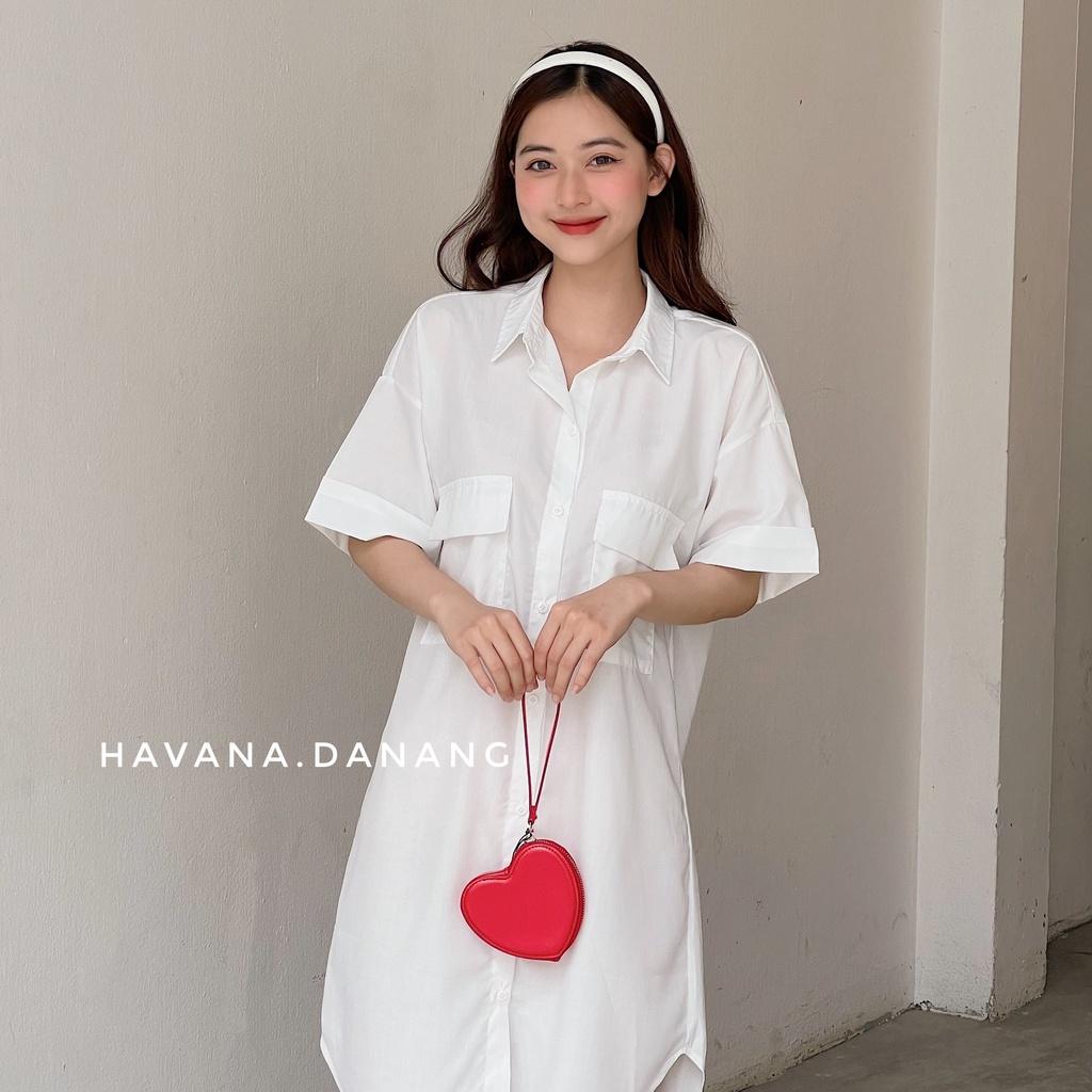 Đầm sơ mi tay cộc, sơ mi hai túi freesize form rộng