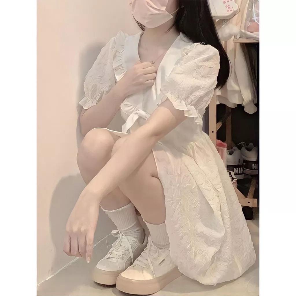 Đầm Nữ Cổ Sen Buộc Nơ Vải Gấm Tay Bèo Dáng Xòe