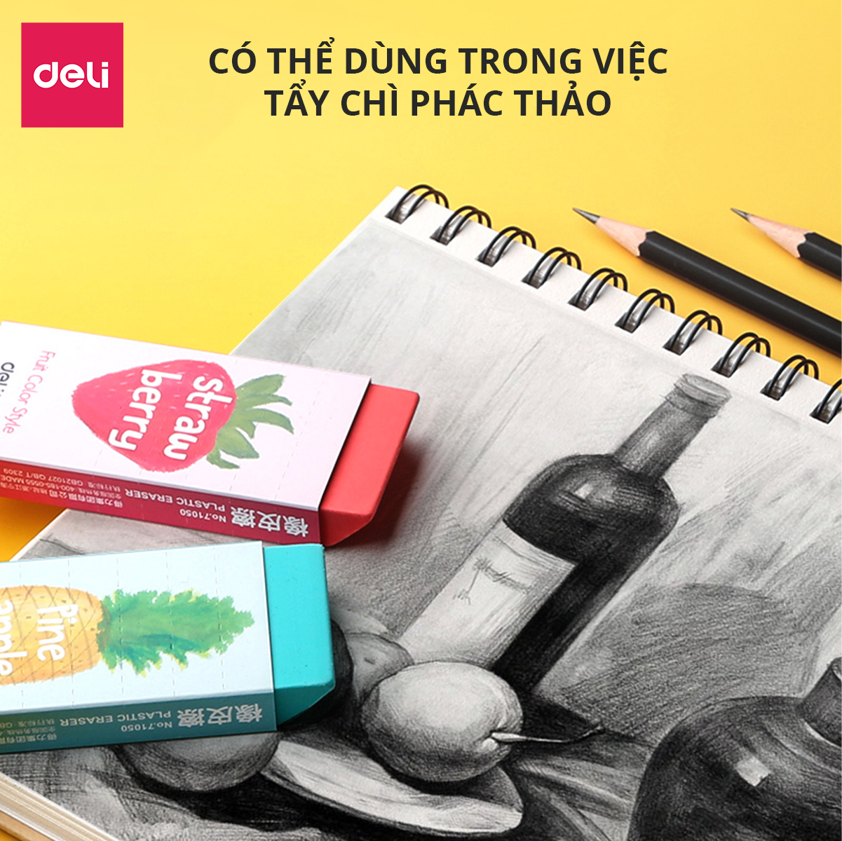 Gôm Tẩy Deli Hình Vẽ Hoa Quả Đỏ/ Xanh lá/ Vàng/ Xanh ngọc - Tẩy Bút Chì Sạch Đẹp - 71050