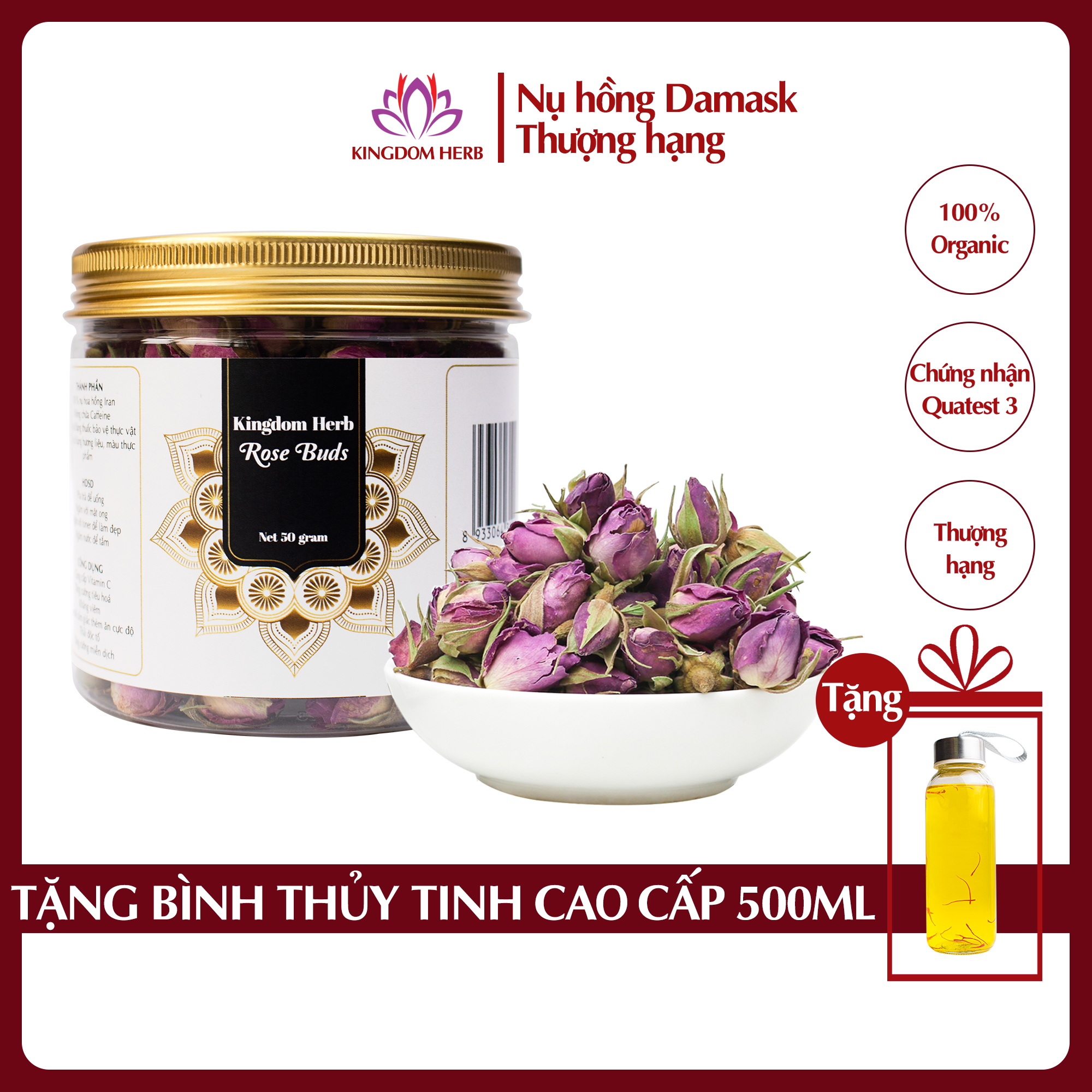 Trà hoa hồng khô Kingdom Herb Iran chính hãng hộp 50 gram, nụ hoa hồng khô thượng hạng (Tặng bình nước thủy tinh)